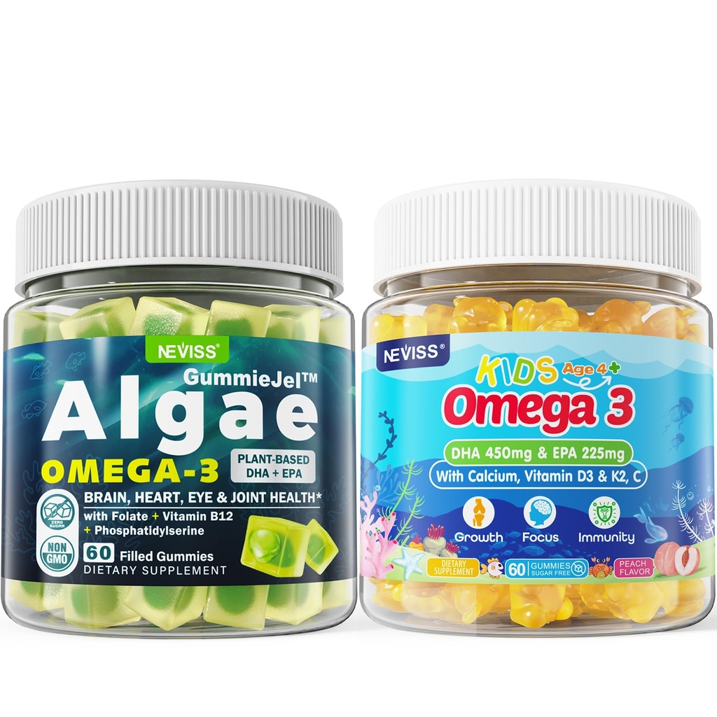 Vegansk Omega 3 Gummies 1 Pack + Sugar Free Omega 3 Gummies for Kids 2 Pack