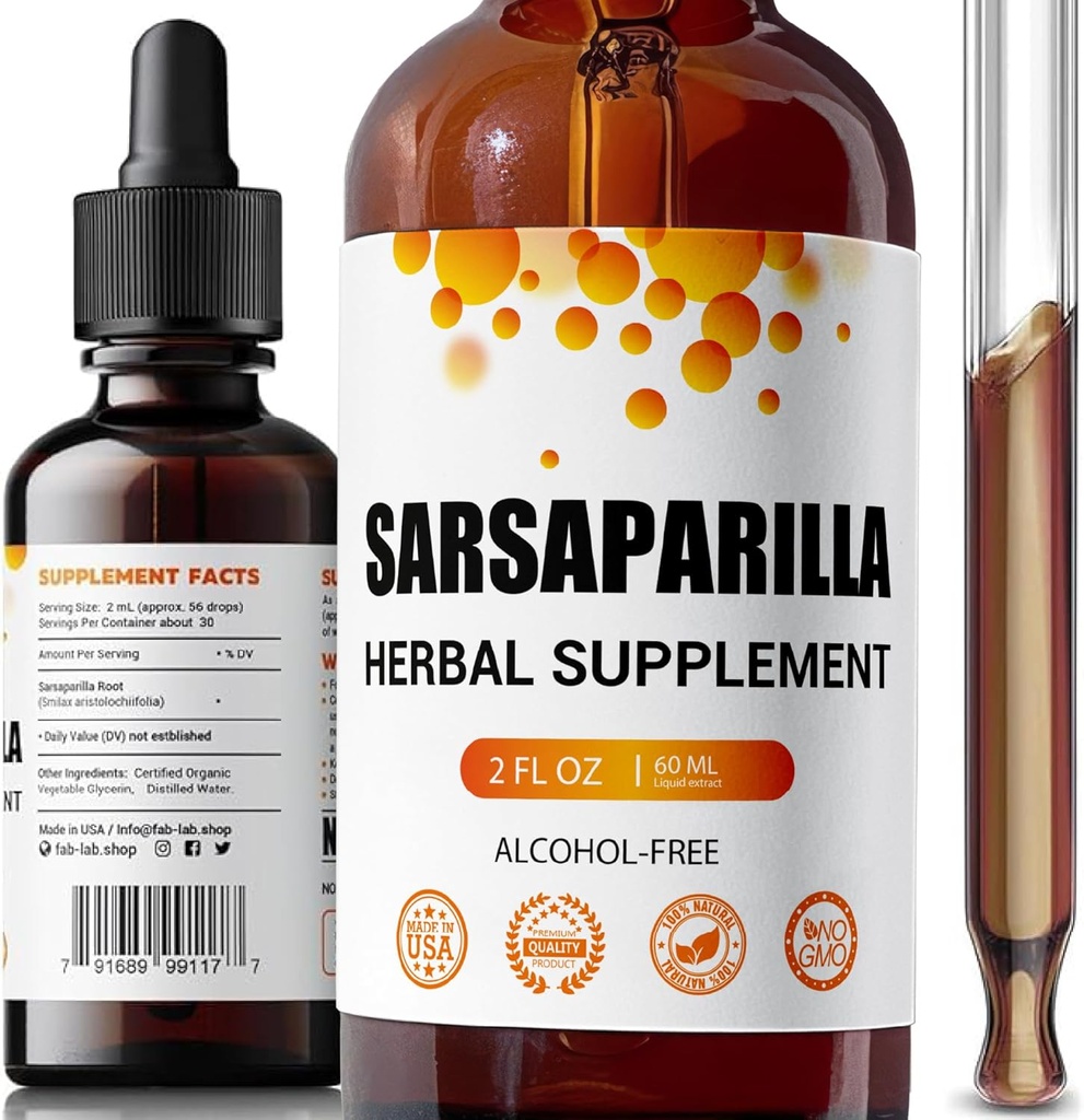 FabLab Sarsaparilla Root Tinktur - Urtetilskud til afvænning og immunforsvar - 2 Fl Oz - Alkohol- fri - ikke-GMO - understøtter sund hud, Hormonbalance, og fordøjelse