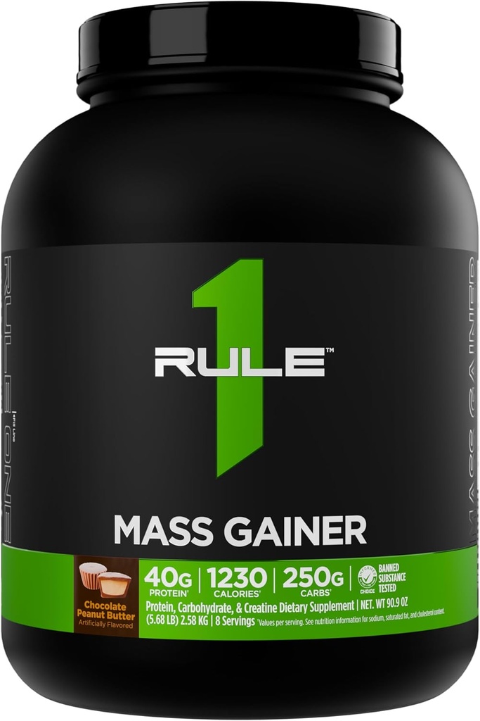 Regel 1 Mass Gainer - Højkalorie vægt Gain Formel med 1,220 + kalorier, 250g + Complex Carb Blend, 40g All- Whey Protein Per Servering (8 Servering, Chokolade Peanut Butter)