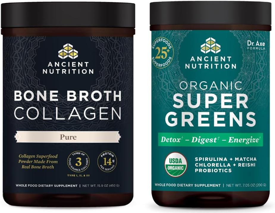 Ancient Nutrition Bone Broth Collagen Powder, Pure, 30 Servere + Organic Supergreens Powder, Green Flavor, 25 Servere