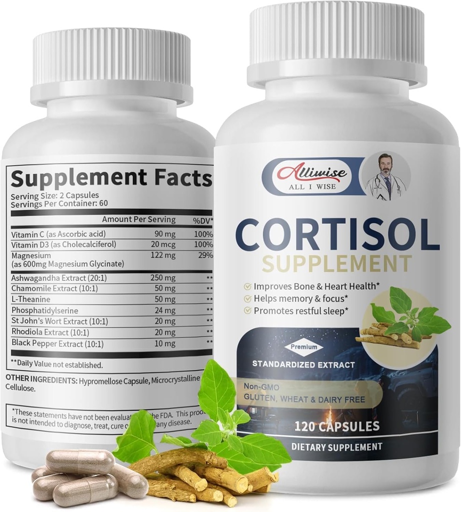 Cortisol Kosttilskud til kvinder og mænd, Cortisol Manager med Magnesium, Ashwagandha, Rhodiola, L- Theanine, Balancerede Cortisol Niveauer for Mood, Focus, Zzz Support