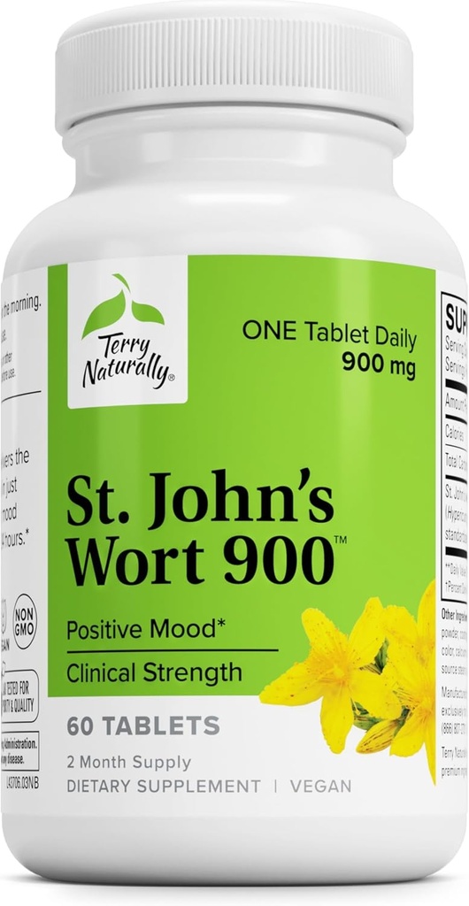 Terry naturligt St John 's Wort 900- 60 tabletter - Giver fuld klinisk dosis - ikke-GMO, Vegan, Gluten Free - 60 Servere
