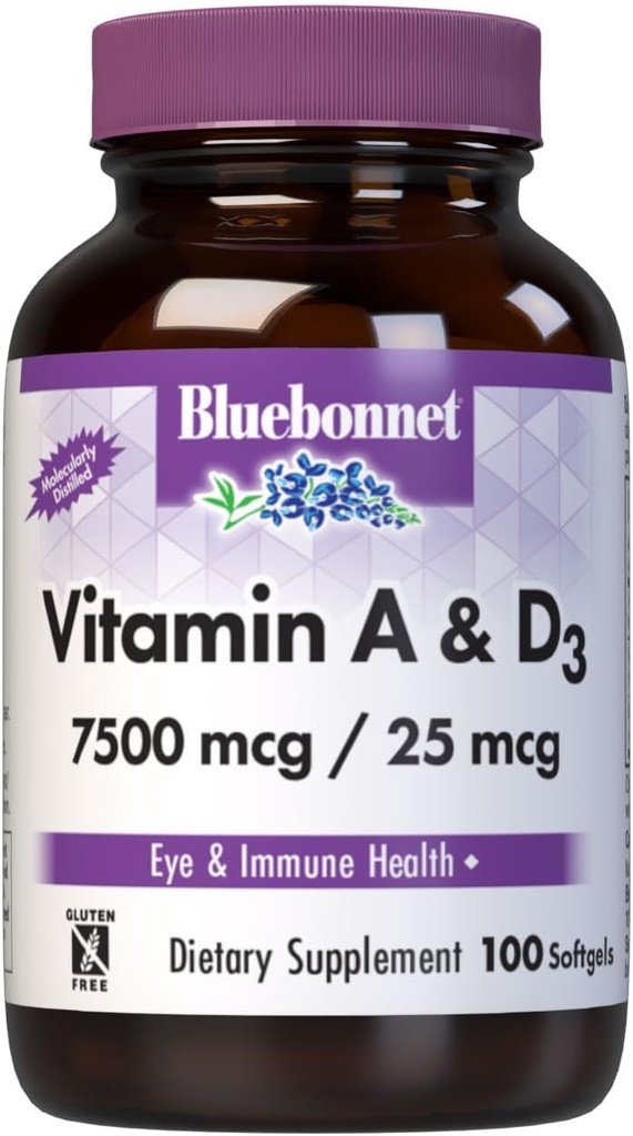 Bluebonnet Nutrition Vitamin A & D3 25. 000 IE / 1. 000 IE fra Deep Sea, Cold Water, Fish Oil - For Eye Health & Immune Function * - Gluten Free - Dairy Free - Molekulært Destilleret - 100 Softgel / Servering