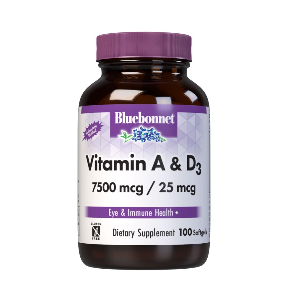 Bluebonnet Nutrition Vitamin A & D3 25. 000 IE / 1. 000 IE fra Deep Sea, Cold Water, Fish Oil - For Eye Health & Immune Function * - Gluten Free - Dairy Free - Molekulært Destilleret - 100 Softgel / Servering