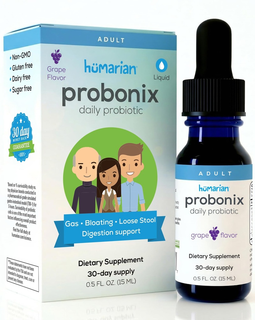 Probonix Humaric Liquid Probiotika til voksne - 12-stamme Probiotiske Drops til Fortify Gut Sundhed, Immunitet og mere - 30-dages levering - lækker Grape Flavor