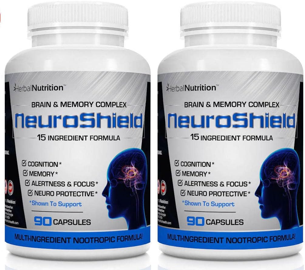 NeuroShield, Brain Supplement en Nootrop Brain Booster og hukommelse supplement, Indeholder Huperzine A, Ginko Biloba, Bacopa Plus antioxidanter til hjerne sundhed, Multi- Ingredienser, 2 flasker, 180 kapsler