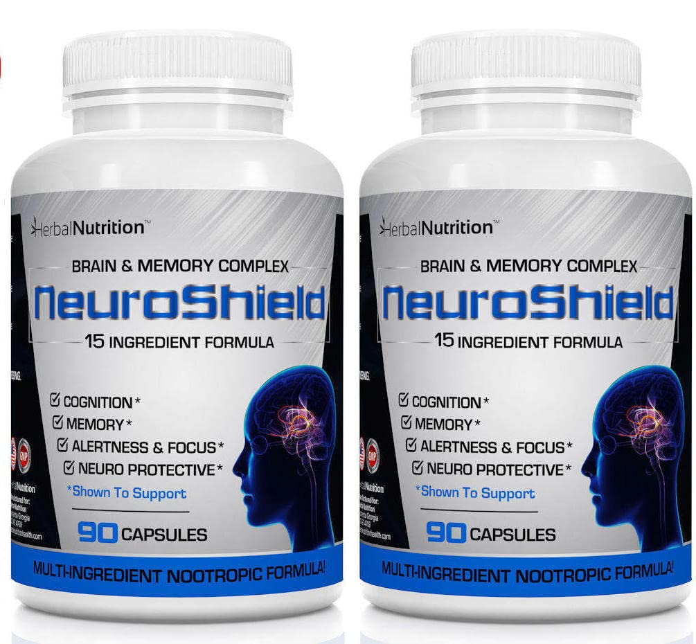 NeuroShield, Brain Supplement en Nootrop Brain Booster og hukommelse supplement, Indeholder Huperzine A, Ginko Biloba, Bacopa Plus antioxidanter til hjerne sundhed, Multi- Ingredienser, 2 flasker, 180 kapsler