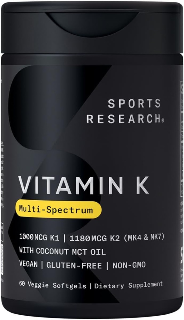 Sports Research Vitamin K Multi- Spectrum - Tre typer af vitamin K: K1, K2 MK-4 & K2 MK- 7 - Vegansk Friendly, Plantgel Capsule - 60 bløddele