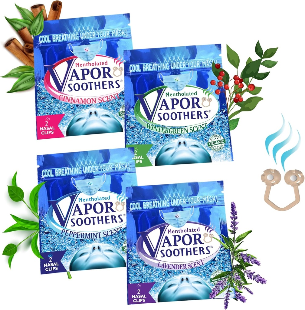 Nasal Dilator Clips, Cool & Easy Breathing Under din Mask, 4-Duft Variety Pack (Pebermynte, Wintergreen, Kanel, Lavendel), 8 Greve, Instant Nasal Congestion Relief, Drug- Free