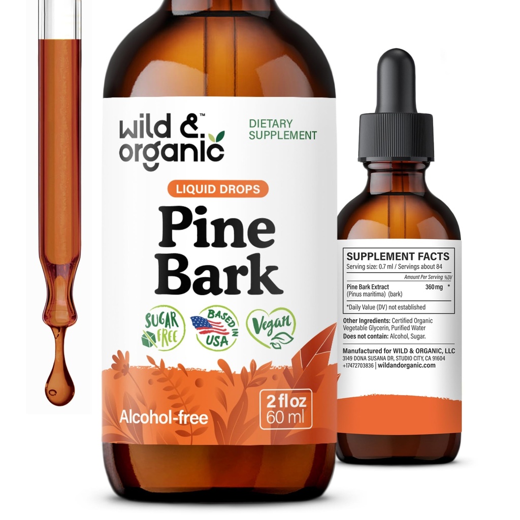Wild & Organic Pine Bark Extract Tinktur - Antioxidant Support - Pinus Pinaster Kosttilskud - Fransk Maritime Bark Liquid Drops - 2 - Måned Supply - Vegan, Alkohol & Sugar- Free - 2 fl oz