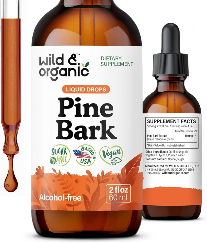 Wild & Organic Pine Bark Extract Tinktur - Antioxidant Support - Pinus Pinaster Kosttilskud - Fransk Maritime Bark Liquid Drops - 2 - Måned Supply - Vegan, Alkohol & Sugar- Free - 2 fl oz
