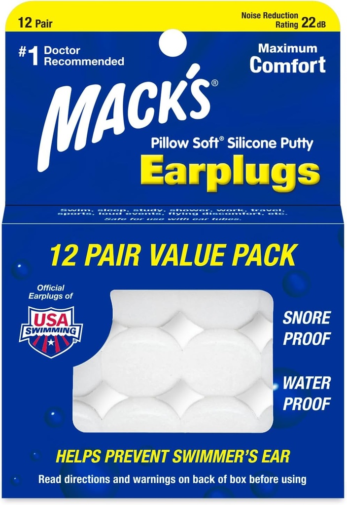 Mack's Pillow Soft Silicone Earplugs, 12 Pair – The Original Moldable Silicone Putty Ear Plugs for Sleeping, Snoring, Swimming, Travel, Concerts and Studying | Made in USA