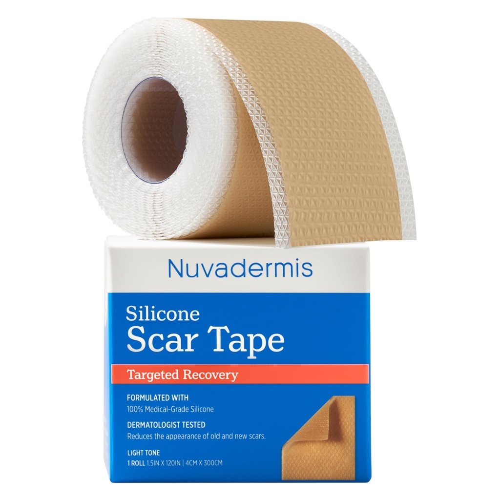NUVADERMIS Silicone Scar Tape for Kirurgiske Scars - 120 "x 1,5" Roll - Medical Grade Scar Tape for Wrinkles, Kirurgiske Scars, Keloid Scars, og Hypertrophic Scars - Genanvendelige Scar Sheets Roll - 1 pakke