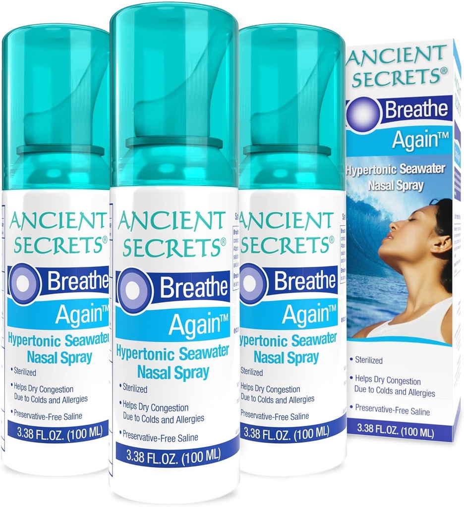 ANCIENT SECRETS Saline Nasal Spray - åndedræt igen Hypertonic Seawater Nasal Spray, Allergi & Sinus Relief, Nasal Congestion Moisturizer, 3.38 Fl Oz (Pack of 3)