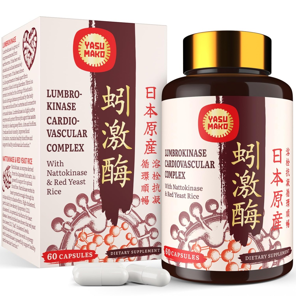 Lumbrokinase 100mg (Max Aktivitet 1. 000.000 LKU), Natokinase 100mg- 2. 000 FU Aktivitet og rød gær Rice 300mg, Potent Lumbrokinase Enzymes Supplement for Circulatory, Cognition, 60 kapsler (pakning med 1)