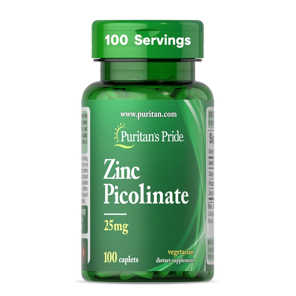 Puritan 's Pride Zink Picolinate Zink 25mg med Calcium og Phosphorus, Vegetarisk Kosttilskud til immunsystem, Energi Metabolisme, Cell Division og vækst Support, 100 kapsler