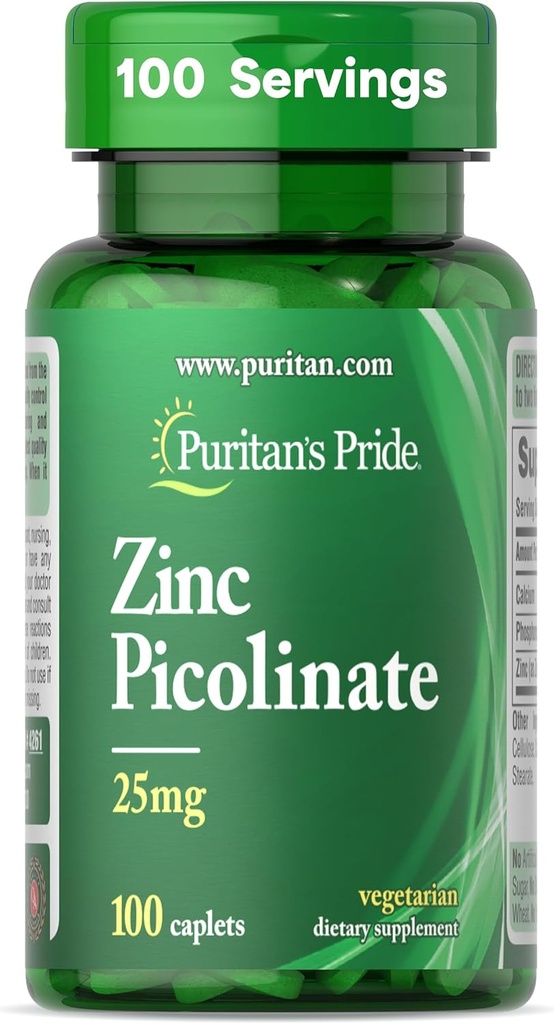 Puritan 's Pride Zink Picolinate Zink 25mg med Calcium og Phosphorus, Vegetarisk Kosttilskud til immunsystem, Energi Metabolisme, Cell Division og vækst Support, 100 kapsler