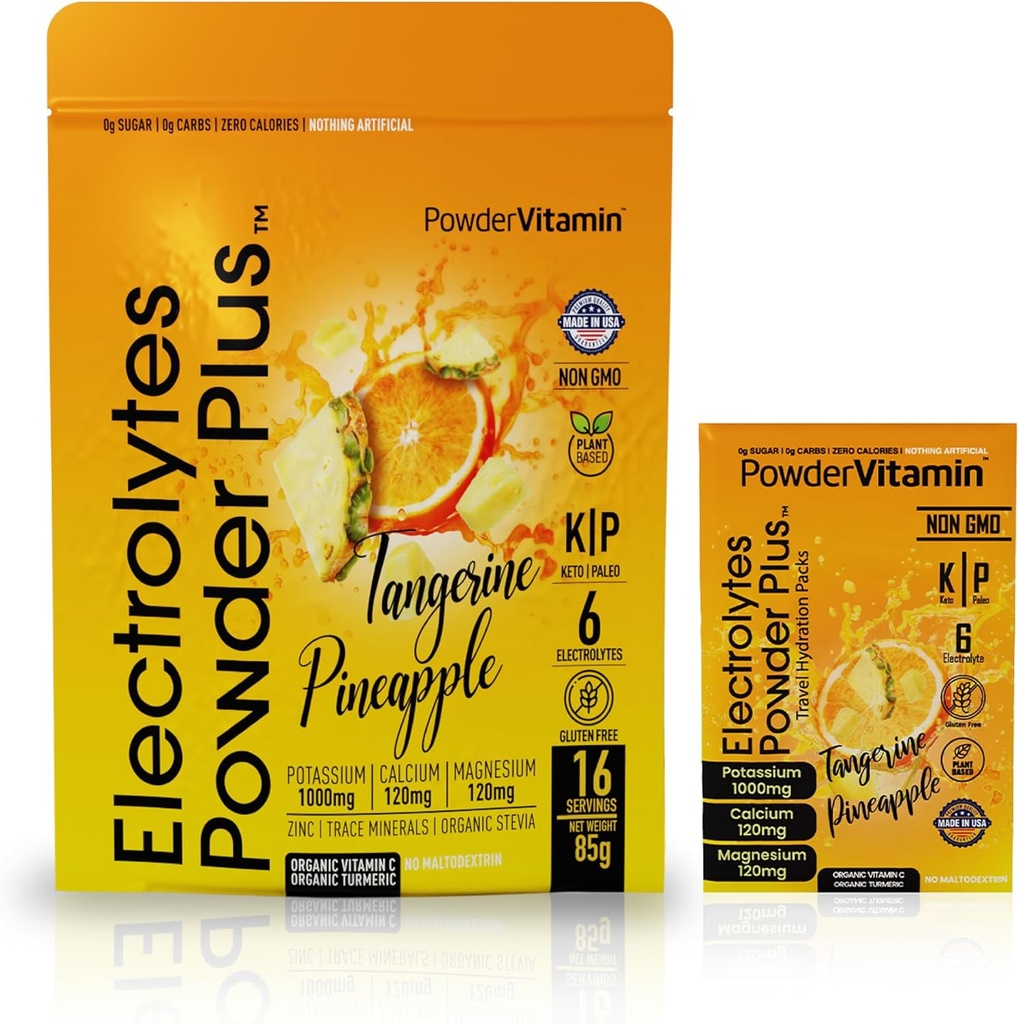 PowderVitamin Electrolytes Powder Plus, Keto, Tangerine Ananas, Sugar Free, Pink Himalayan Salt, 1000mg Kalium, 120mg Calcium, 120mg Magnesium, Non- GMO, Zero Calories, (16 Hydrationspakker)