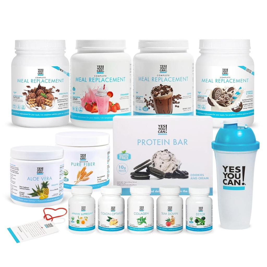 Ja, du kan! All-in-One Kit med Meal Erstatning Shakes, Aloe Vera Drink Mix, Fiber Shake Mixer, Protein Snacks, Kosttilskud - Komplet Wellness Kit