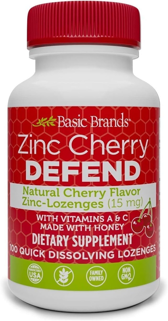 Grundlæggende brands - Zink Cherry Defend - 100 Lozenges - Natural Cherry Flavor Zinc- Lozenges - Immunboost, Cold Relief, Non- GMO, Zinkacetat & C-vitamin - 2-Pack