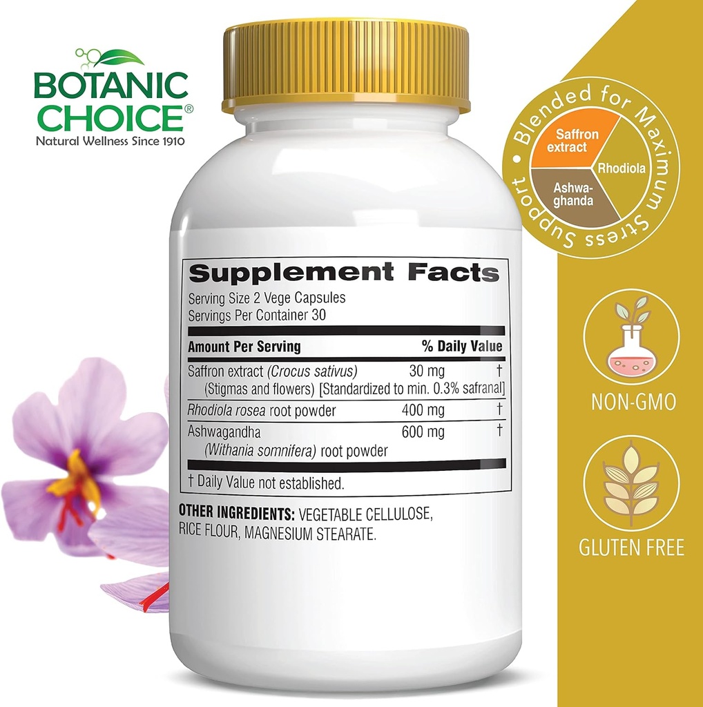 Botanic Choice Stress Complex Kapsler - Mood & Memory Support med Safran, Ashwagandha, Rhodiola - Glutenfri, 60 Kapsler