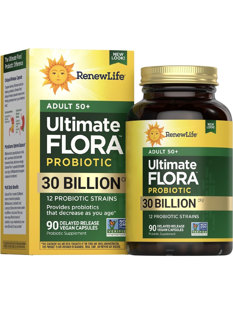 Renew Life Probiotic Voksen 50 Plus Probiotiske kapsler, Dagligt tillæg støtter urinære, fordøjelsessygdomme og immunforsvar, L. Rhamnosus GG, Dairy, Soy og glutenfri, 30 Millioner CFU, 90 Greve