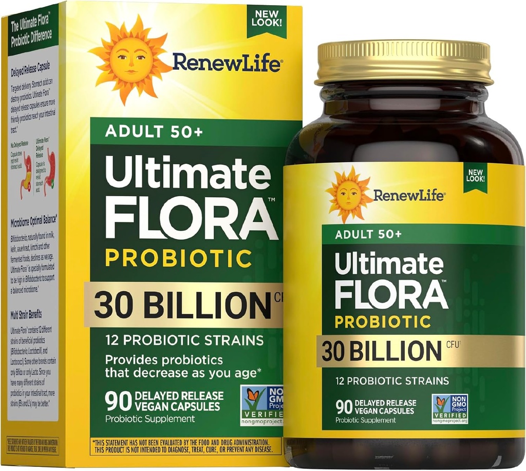 Renew Life Probiotic Voksen 50 Plus Probiotiske kapsler, Dagligt tillæg støtter urinære, fordøjelsessygdomme og immunforsvar, L. Rhamnosus GG, Dairy, Soy og glutenfri, 30 Millioner CFU, 90 Greve