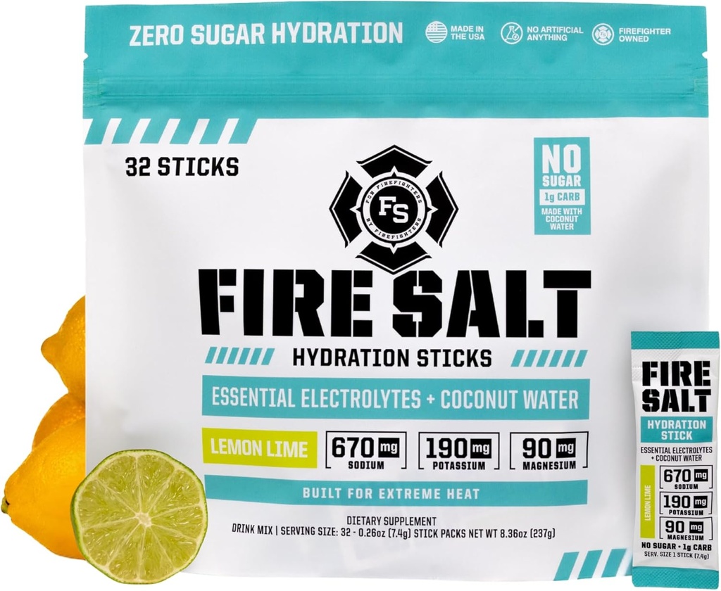 Brand Science Fire Salt Hydration Sticks, Elektrolyter & kokos vand, Hydration Drink Mix med Magnesium, Kalium & Natrium, Zero Sugar, Single Serve On the Go Packs, Lemon Lime Flavor, 32 Greve