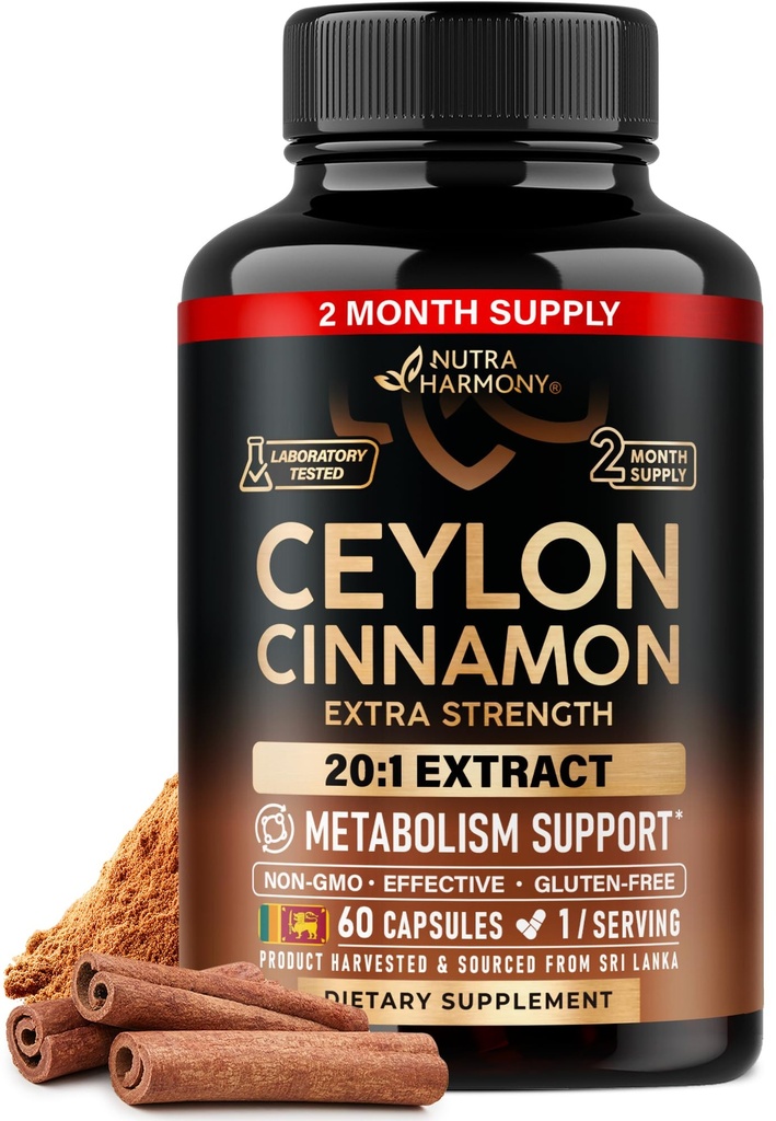 Ceylon kanel kapsler - Ekstra styrke - Energy Heart & Metabolisme Støtte til mænd og kvinder - Pure Natural kanel 20: 1 Uddrag Supplement - GMO & Gluten Free - Made in USA - 60 Kapsler 2 Måned
