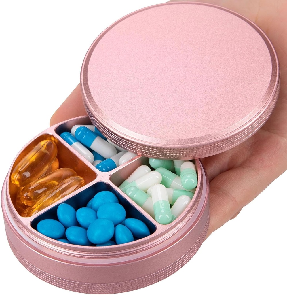 Metal Pill Organizer 4 Compartments - Bærbar rejse Pill sag Daglig, Vandtæt Pill Box for purse, Compact Pill Holder Medicin Container Dispensere til Vitamin Torsk Lever Oil Supplement Pink