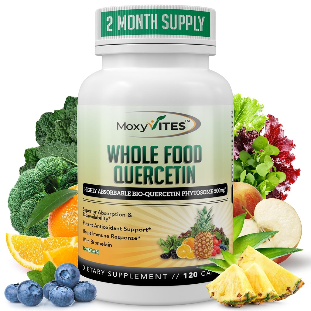 MoxyVites Quercetin med bromelain 500mg Supplement - Bioactive Phytosome Complex, Pure Organic Hel Food Seasonal Support, Antioxidant, 20X Absorption & Bioavailability- 120 Caps
