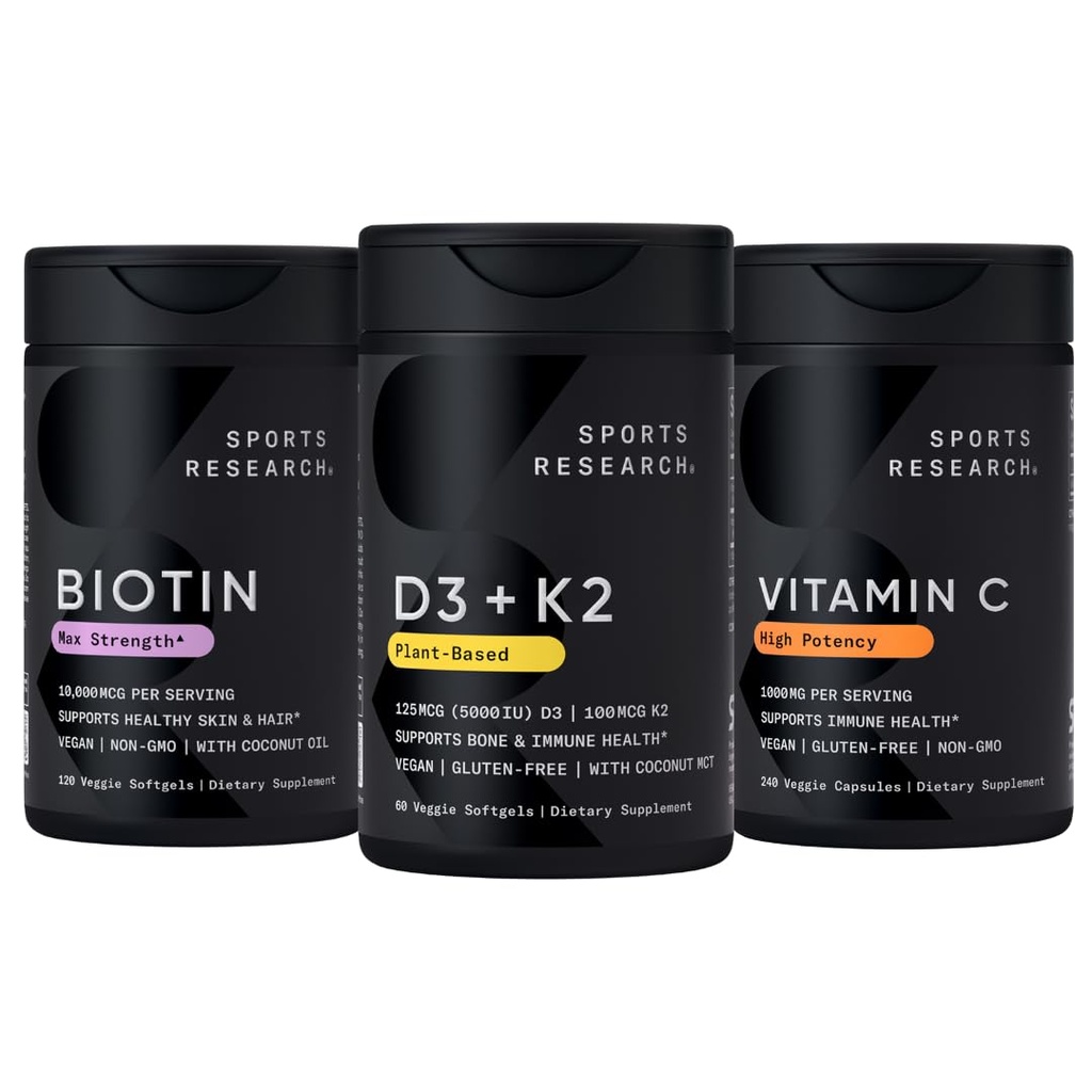 Sports Research Vitamin D3 5000iu K2 100mcg, Vegan Biotin 10,000mcg med kokos olie og høj potens C-vitamin Supplement 1000mg
