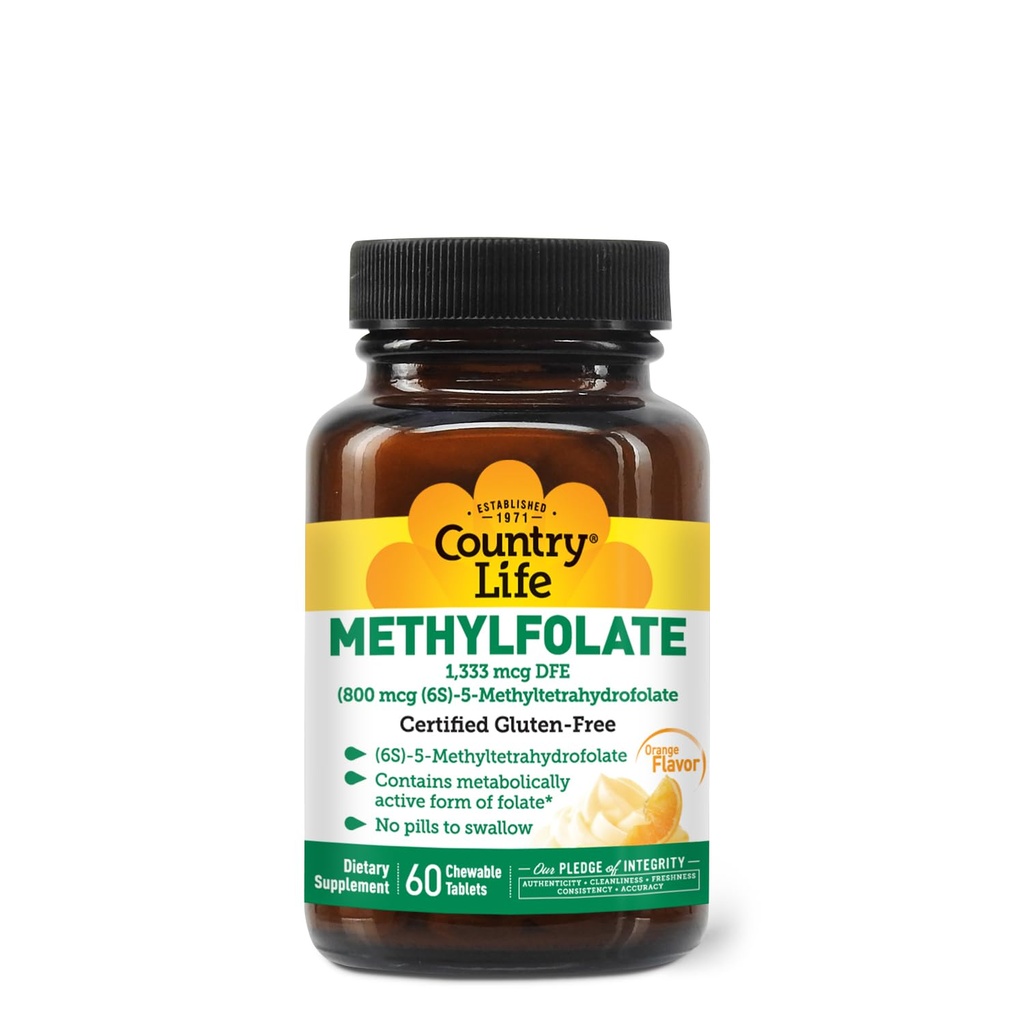 Country Life Methylfolate Chewable Tablets - Metabolic Active Folate - Great Tasting Orange Flavor - Gluten- Free - Glat smelte - Vegan B12 - Kvinder Vitamin - Dagligt tillæg - 60 tabletter