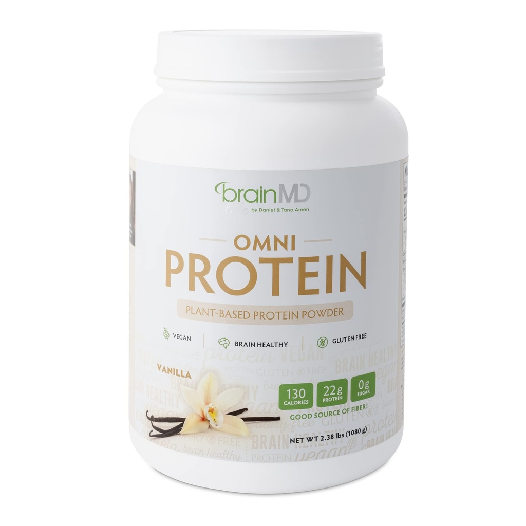 BRAINMD Dr. Amen Omni Protein Vanilla - 2.38 lbs - Plant- baseret protein pulver - fremmer energi & motion inddrivelse - Vegan, Vegetar, Sukker fri, Gluten fri - 30 Servere