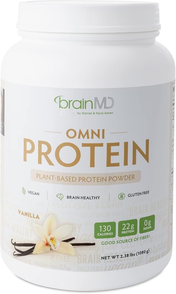 BRAINMD Dr. Amen Omni Protein Vanilla - 2.38 lbs - Plant- baseret protein pulver - fremmer energi & motion inddrivelse - Vegan, Vegetar, Sukker fri, Gluten fri - 30 Servere