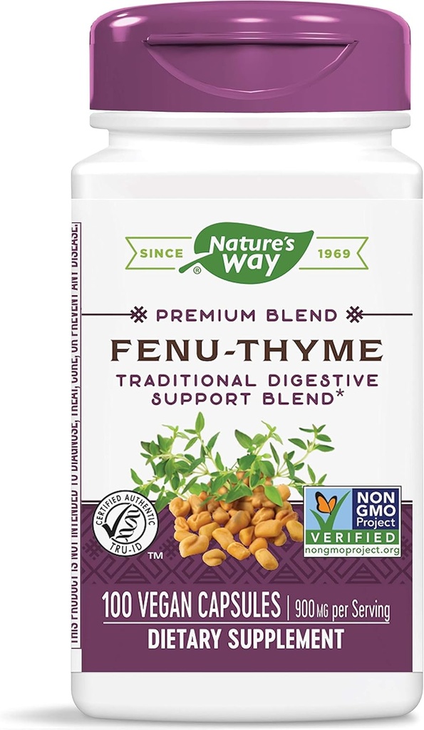 Nature 's Way Fenu- Thyme - Traditional fordøjelsesfremmende Support Blend * - 900 mg Thyme & Fenugreek per 2 - Capsule Serving - Non- GMO Project Verified & Dairy Free - 100 Veganske kapsler