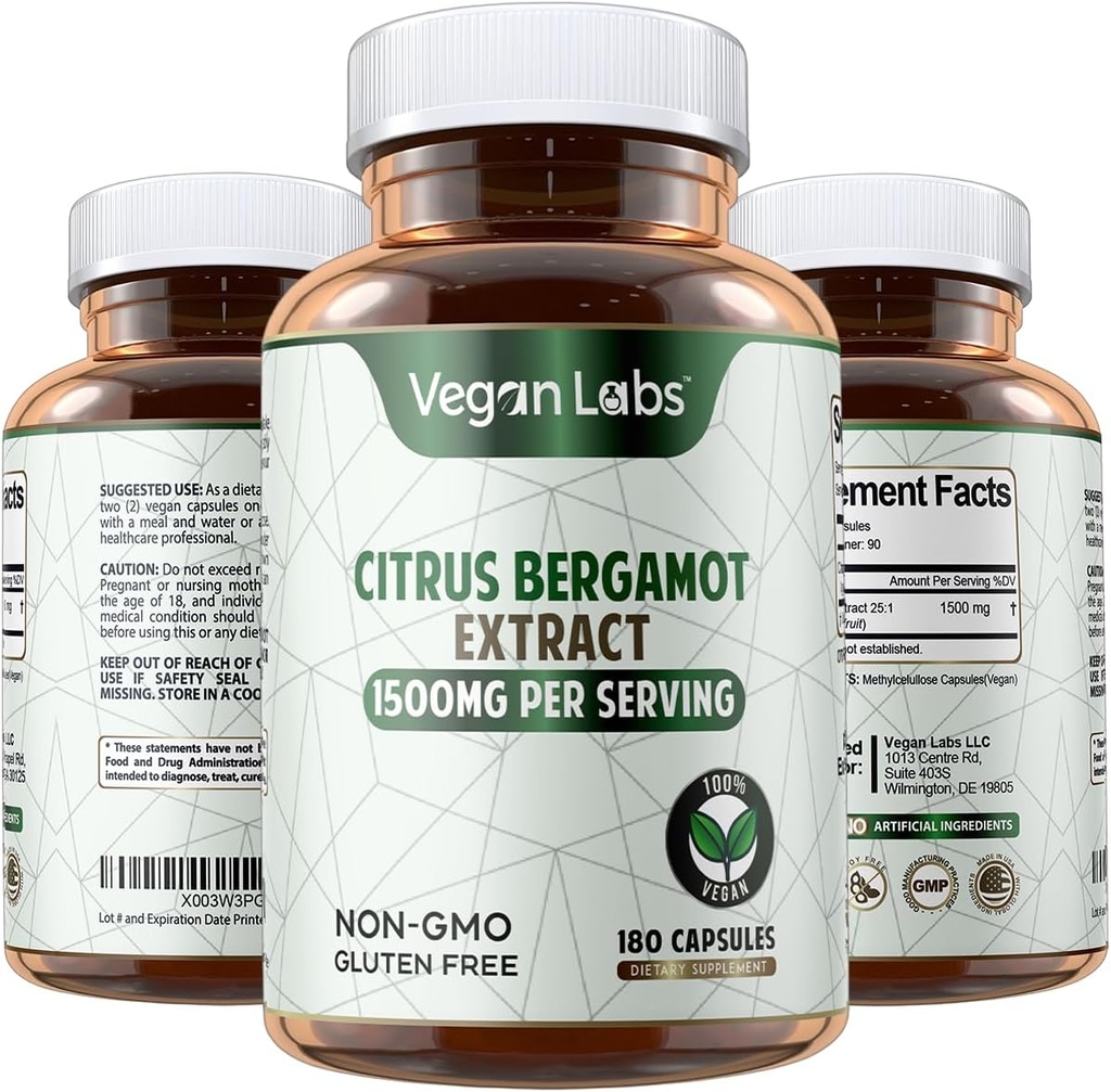 Vegan Labs Citrus Bergamot Extract 1500MG- 180 Vegan Capsules- 25: 1 Citrus Bergamia Ekstrac- Understøtter samlet sundhed og antioxidant Protection- Gluten Free, Non- GMO