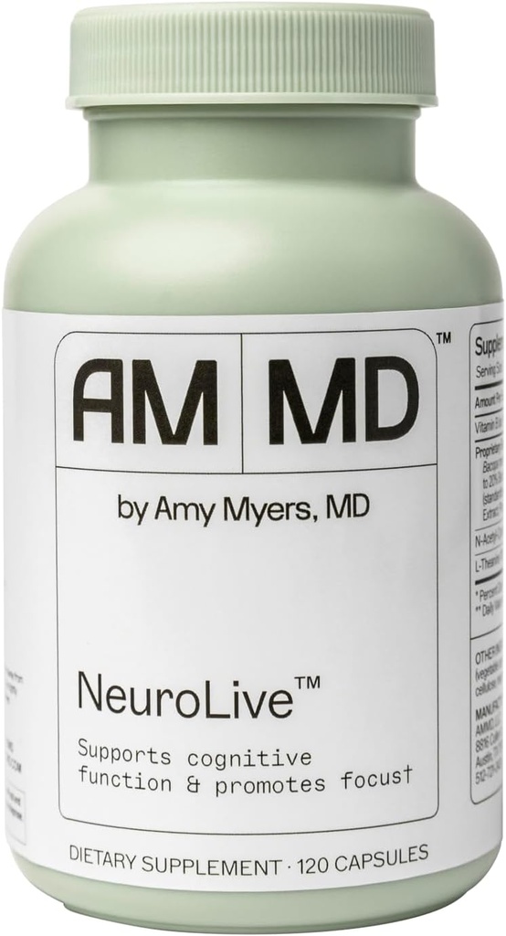 Amy Myers MD NeuroLive - Brain Health Supplement for kognitiv funktion & Focus Support - med vitamin B - Gluten- Free, Non- Dairy & Non- Soy - 120 kapsler (60 Servere)