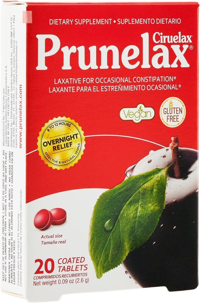 Prunelax Ciruelax Regelmæssig styrke Laxative Mini Tablets - Overnatning Relief for lejlighedsvis Forstoppelse, Senna Extract, Vegan & Gluten- Free, Gentle Relief - 20ct