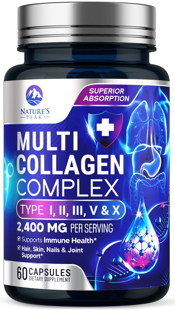 Multi Collagen Peptider supplement til hår, negle, hud - type I, II, III, V, X, Collagen pulver piller - Grass- Fed, Hydrolyzed til ben og fælles støtte til kvinder & mænd, ikke-GMO - 60 kapsler