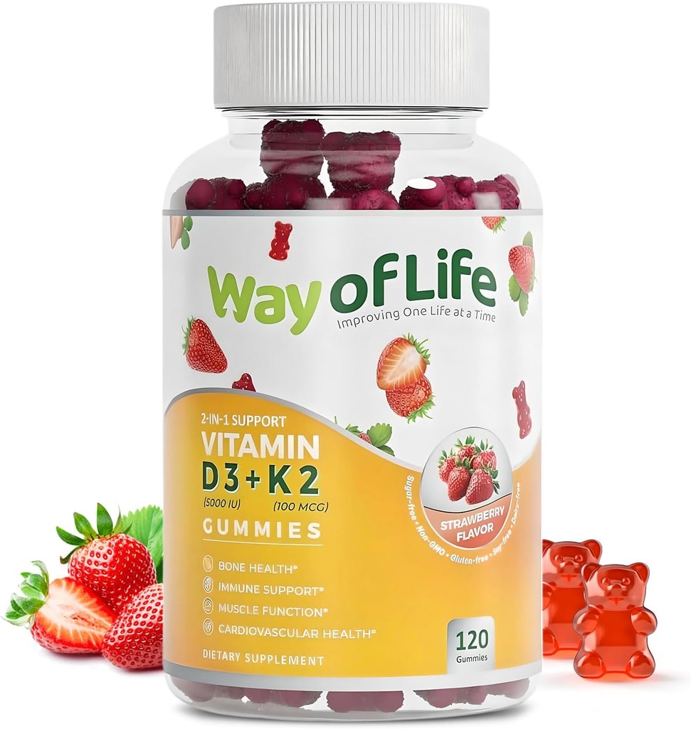 D3 5000 IE (125 mcg) + K2 (MK- 7) 100 mcg Sugar- Free Gummies, Jordbær - 120 tæller, Knogler og hjerte sundhed for voksne, Muskel Funtion, Pectin, Tasty, Chewy, Non- GMO, Gluten- Free, Gelatin- Free