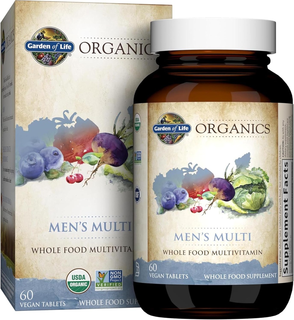 Livets Have Organics Hele fødevarer Multivitamin til mænd, 60 tabletter, Veganske Herre Vitaminer og mineraler til sundhed og velvære, Certified Organic Vegan Multi
