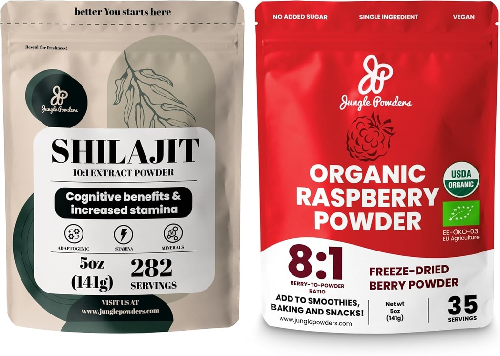 Jungle Powders Superfood Bundle: 5oz Raw Shilajit & 5oz Organic Raspberry Powder Combo - Mænds Energy Support, Immunboost, USDA Certified Freeze- Tørrede røde Hindbær til Bagning, Smoothies