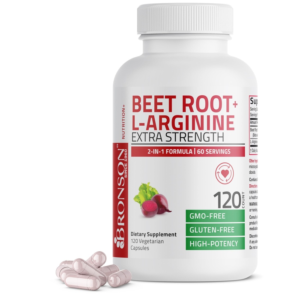 Bronson Beet Root + L- Arginin Nitrogenoxid Production- Non - GMO, 120 Vegetariske kapsler