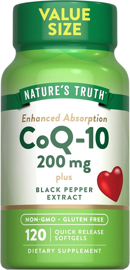 Nature 's Truth CoQ10 200mg against 124; 120 Softgels area 124; High Absorption area 124; Non- GMO & Gluten Free Coenzym Supplement area 124; med Black Pepper Extract