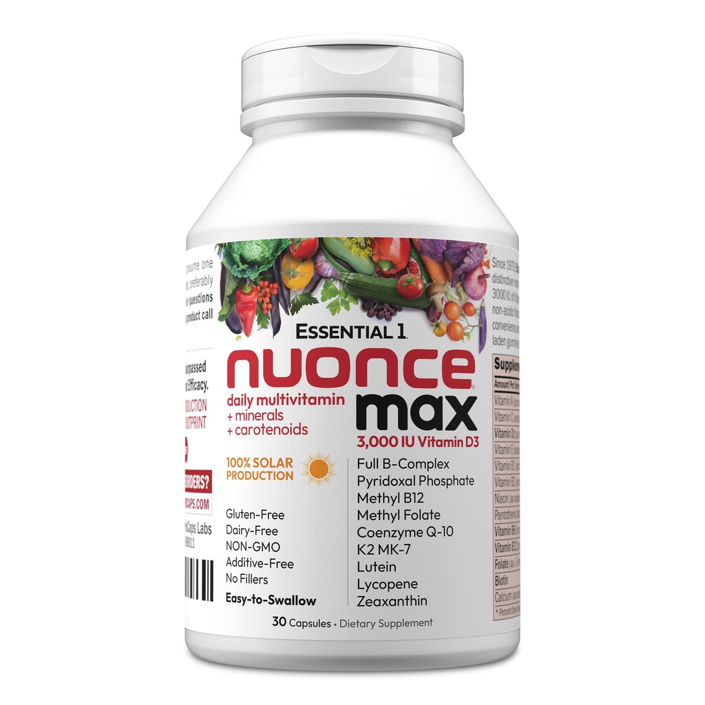 ANDREW LESSMAN Essential-1 nuonce max Multivitamin 3000 IE D3 30 små kapsler. 100 mcg methyl B12. CoQ10 Lutein Lycopene Zeaxanthin. High Potency. Ingen tilsætningsstoffer. Ultra- Mild 1 daglig kapsel