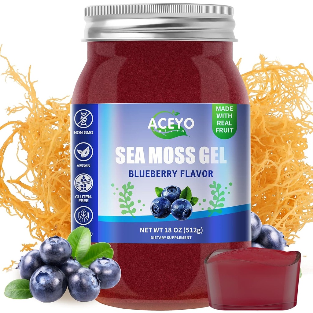 ACEYO (18 OZ) Irish Sea Moss Gel Organic Raw Vegan Blueberry Flavor 102 Vitamin og mineral Wild Harfted non-GMO immunforsvar Booster Thyroid fordøjelsesstøtte