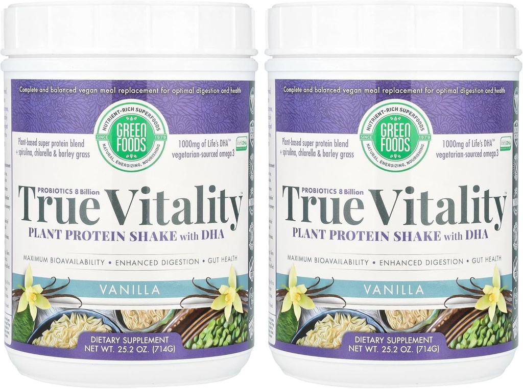 Green Foods True Vitality Plant Protein Shake, Vanilla, 25.2 Ounce (pakke med 2)
