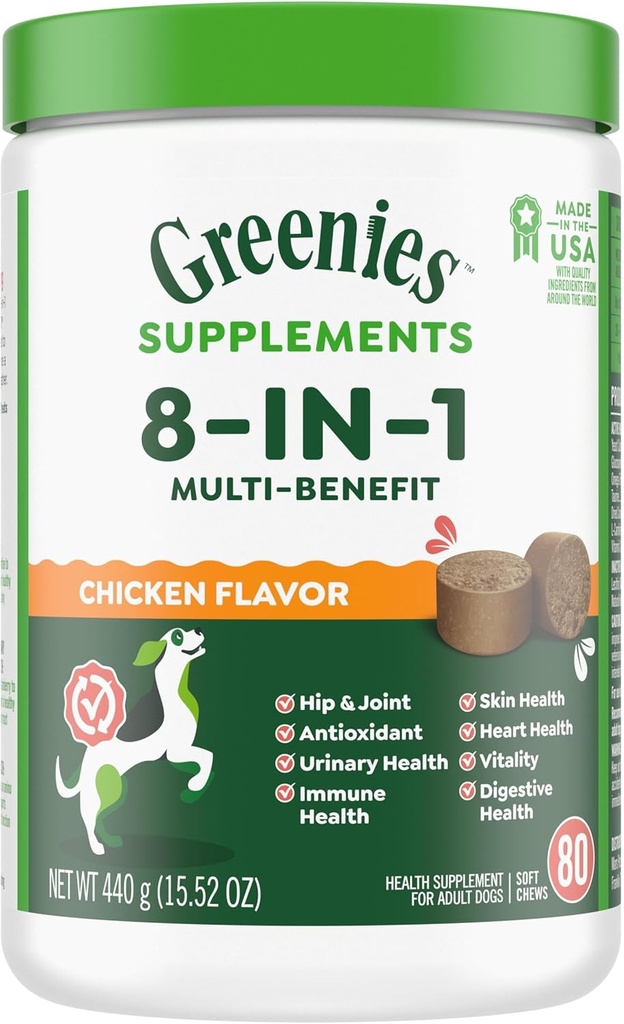 Greenies Dog Supplements 8-in-1 Multi-Benefit Chicken Flavor, 15.5 oz. Container, 80 Count