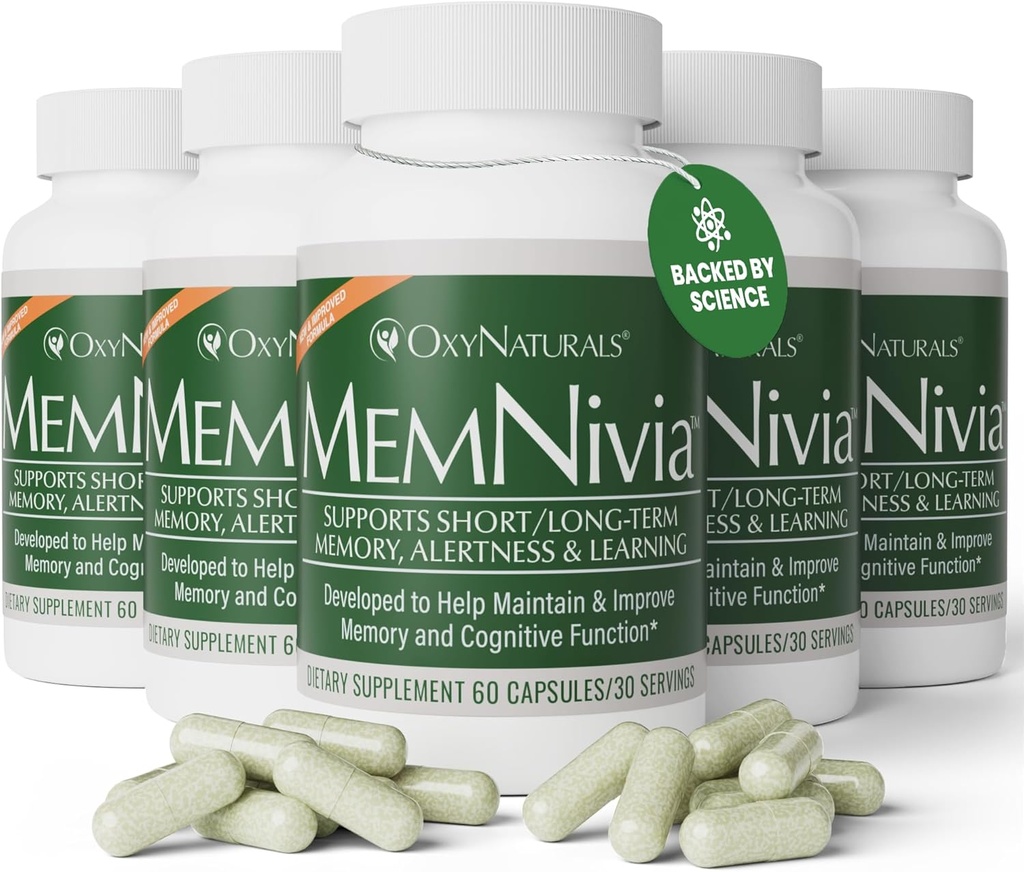 MemNivia Brain Kosttilskud til Memory & Focus; Dual- Sage Stem Cell Formel med Cognivia ®, Bacopa, Holy Basil & Ging- 124; Klinisk Proven Mental Clarity Support 124; 300 Kapsler (5 flasker)